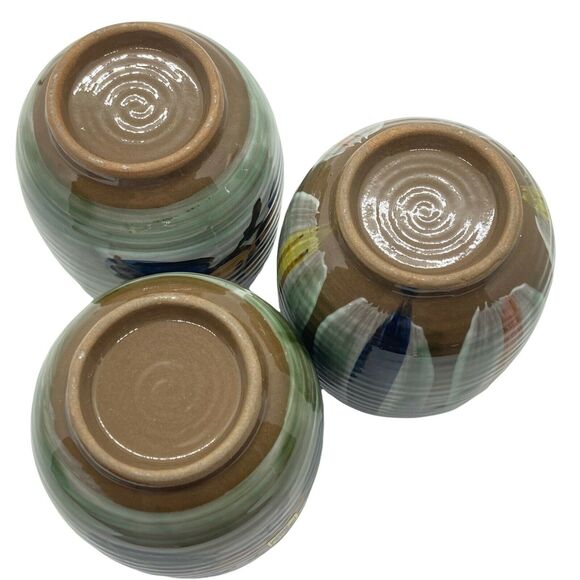 Asian Tea Cups Set Of Three Vintage Gray Green Blue Ceramic Round Sticker Marked - Picture 7 of 16